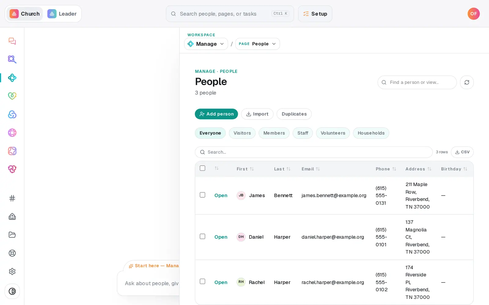Go to **Manage → People** and press **Import**