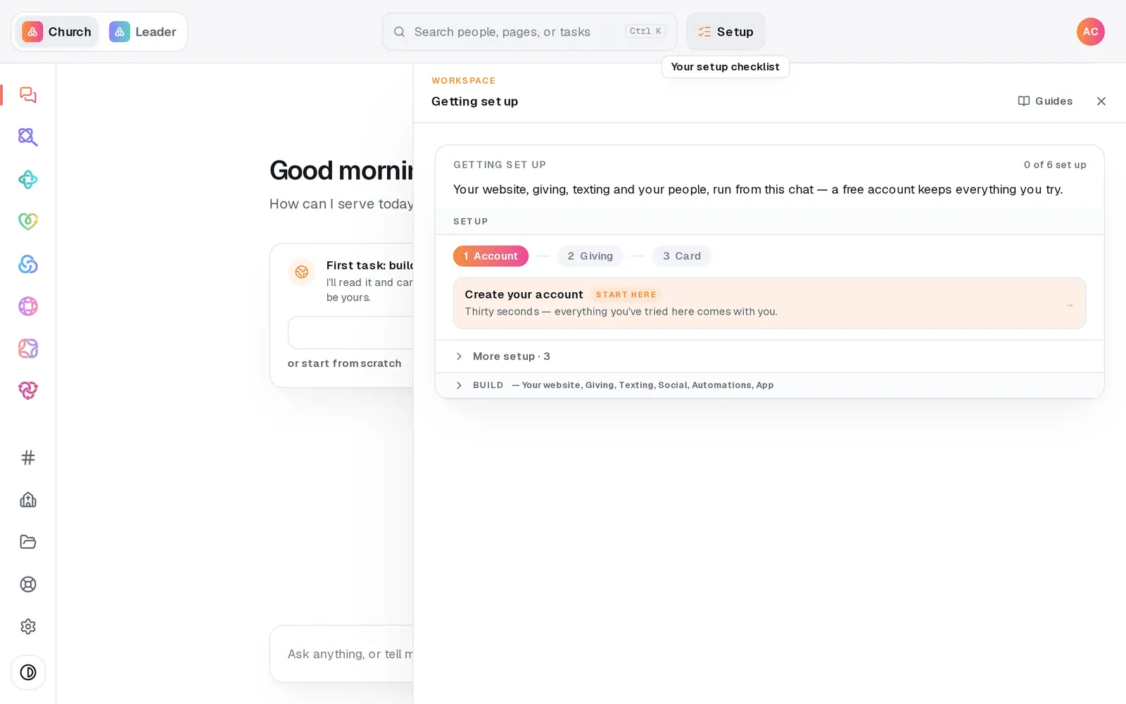 Press **Setup** at the top, then **Create your account**